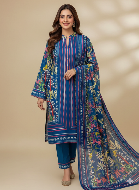 Azure Bloom Shamose Silk 3-Piece Digital Print Ensemble