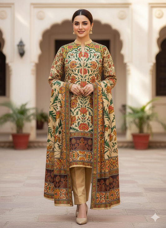 Azure Bloom Shamose Silk 3-Piece Digital Print Ensemble