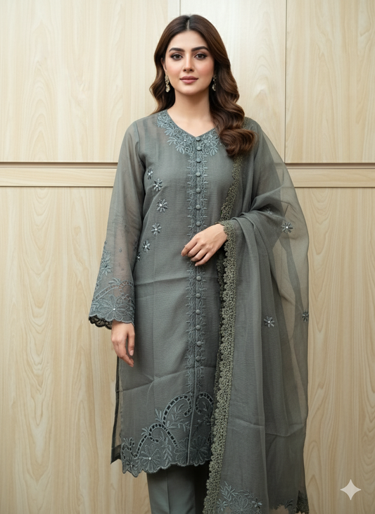 Luxurious Khaddi Net 3-PC Unstitched Suit - Heavy Embroidery & Front Open
