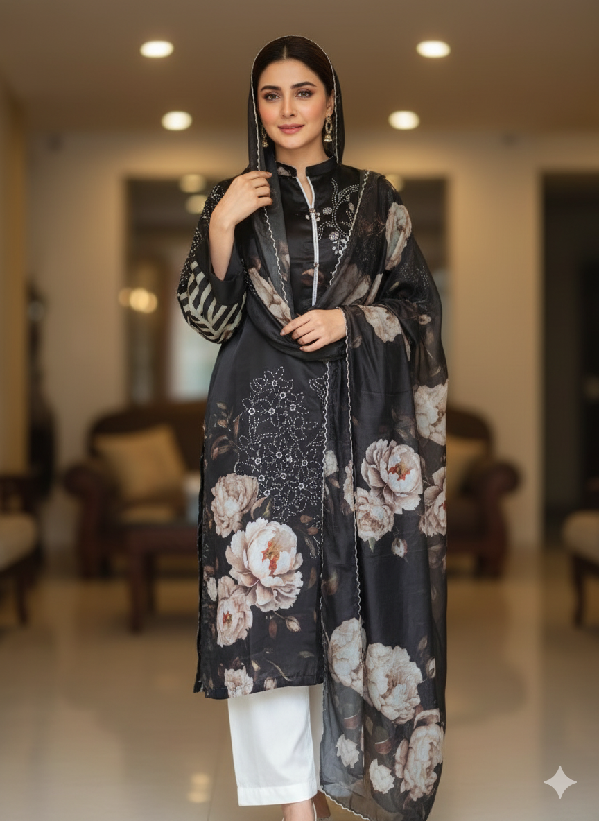 Azure Bloom Shamose Silk 3-Piece Digital Print Ensemble