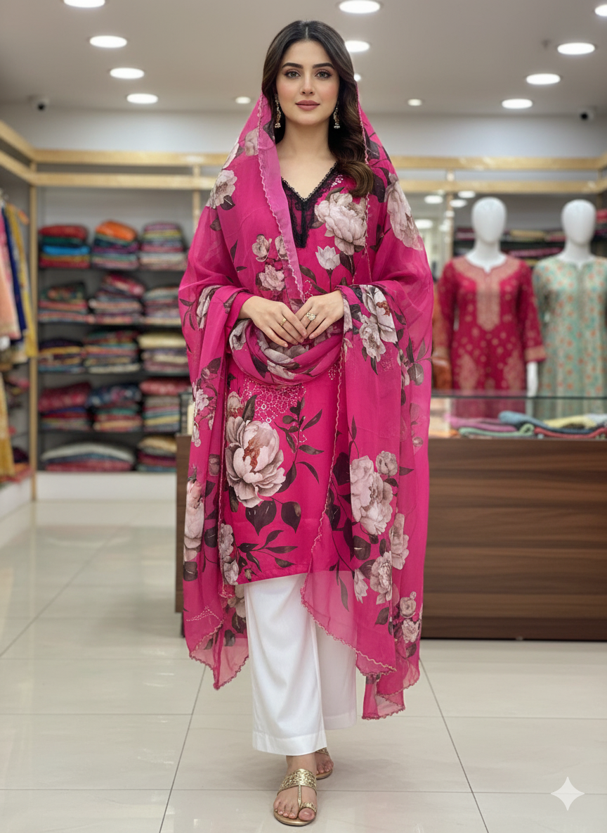 Azure Bloom Shamose Silk 3-Piece Digital Print Ensemble