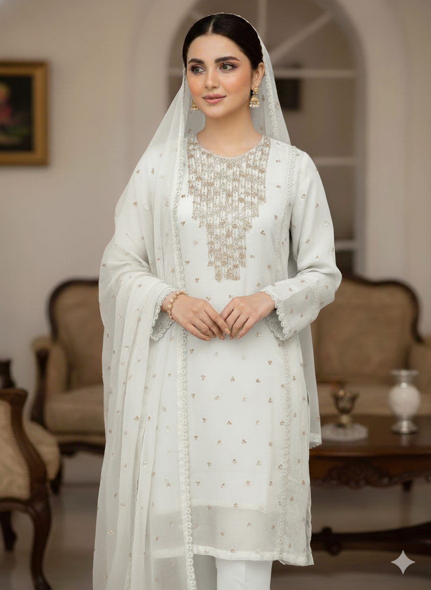 Aangan  3pc Semi Pure Chiffon Dress 2024