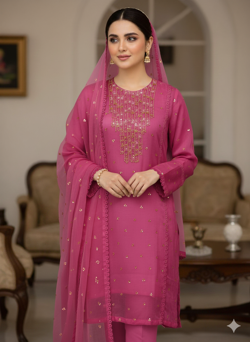 Aangan  3pc Semi Pure Chiffon Dress 2024