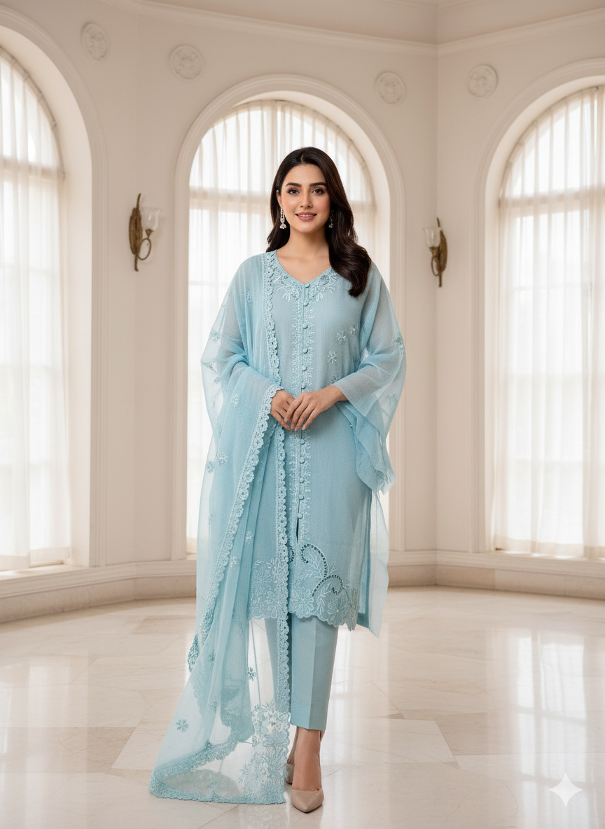 Luxurious Khaddi Net 3-PC Unstitched Suit - Heavy Embroidery & Front Open