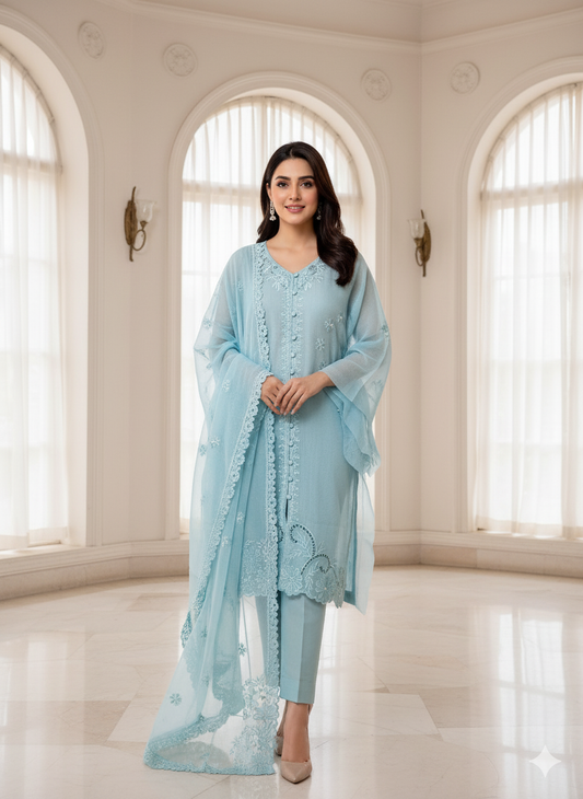 Luxurious Khaddi Net 3-PC Unstitched Suit - Heavy Embroidery & Front Open