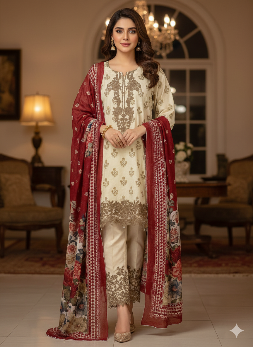 Digital Print 3 Pcs Lawn Suit with Embroidered Patches & Chiffon Dupatta