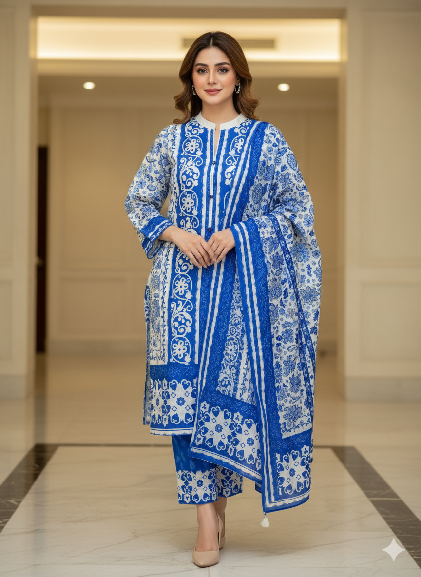 Azure Bloom Shamose Silk 3-Piece Digital Print Ensemble