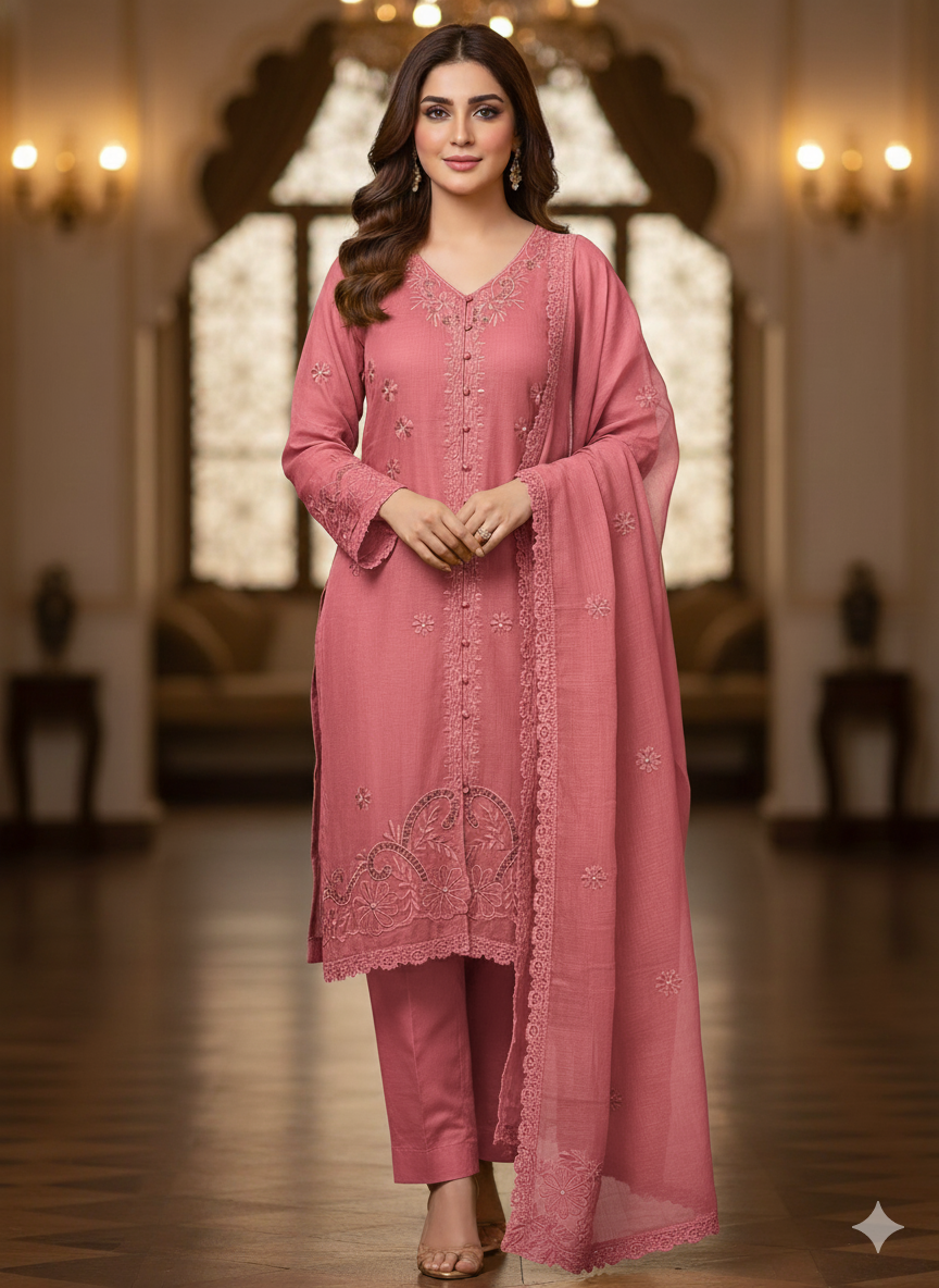 Luxurious Khaddi Net 3-PC Unstitched Suit - Heavy Embroidery & Front Open