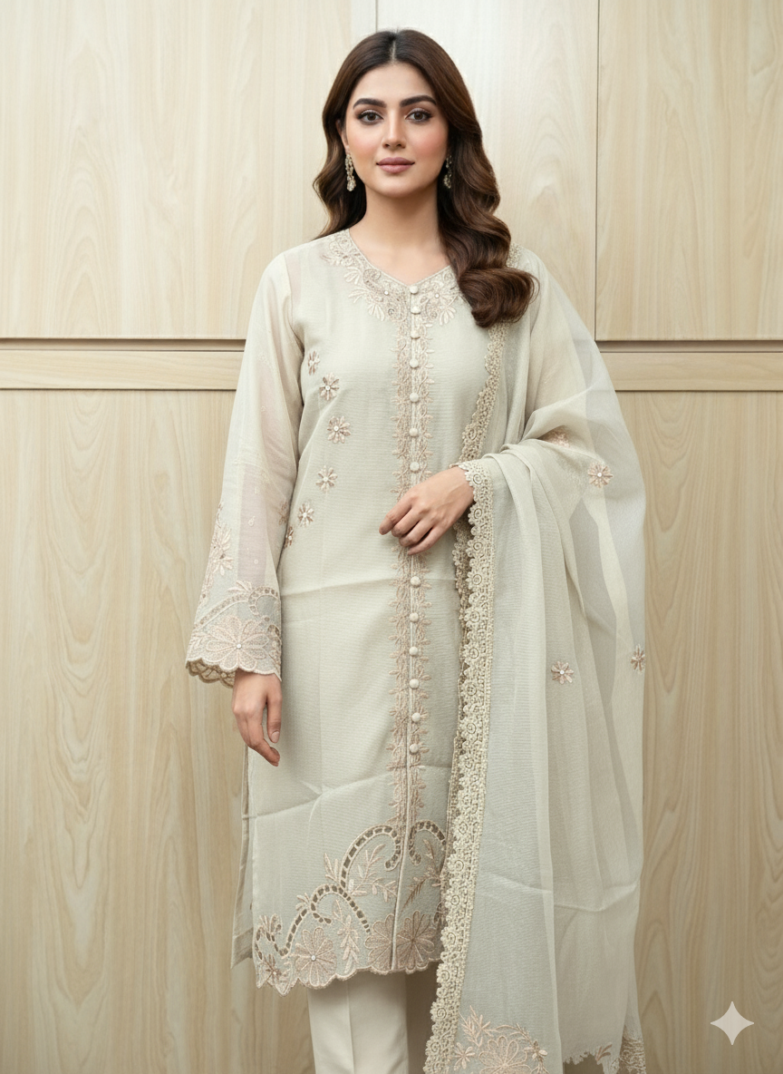 Luxurious Khaddi Net 3-PC Unstitched Suit - Heavy Embroidery & Front Open