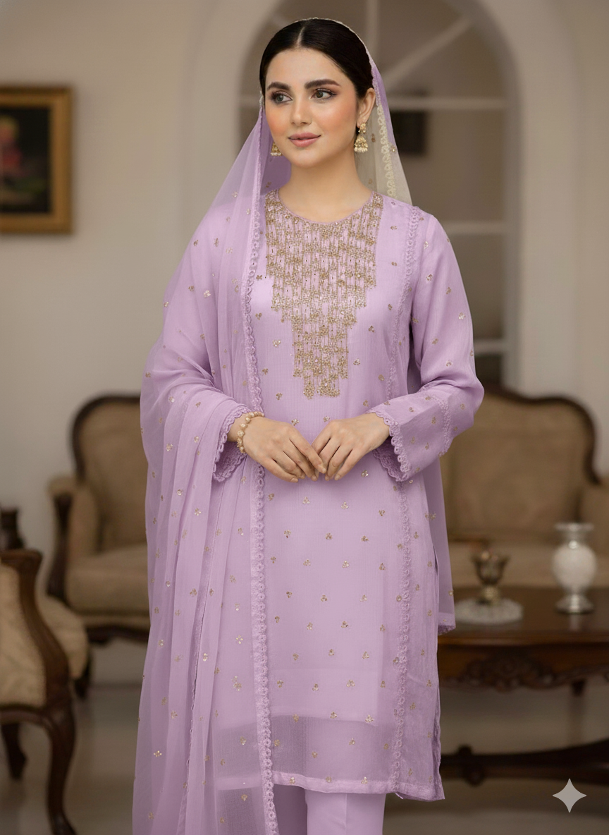 Aangan  3pc Semi Pure Chiffon Dress 2024
