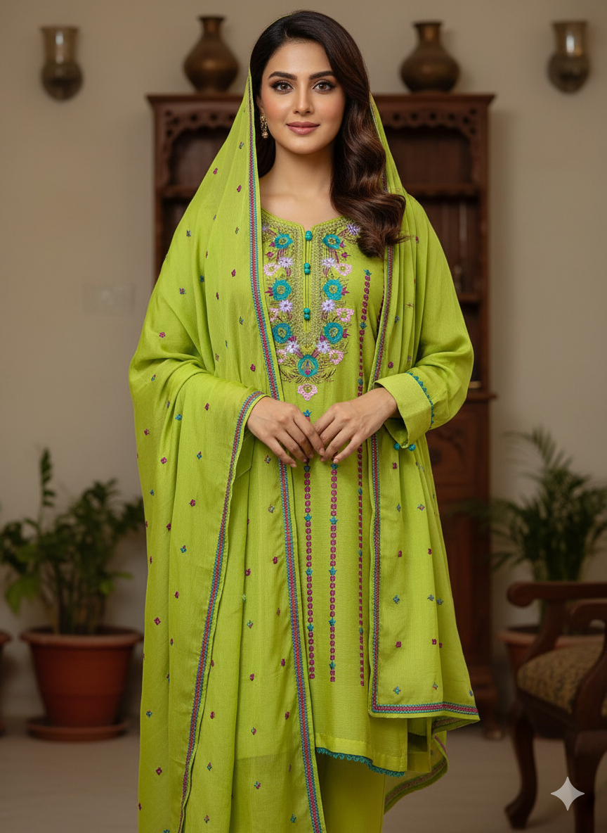 Elegant Chiffon Embroidered 3-Piece Suit