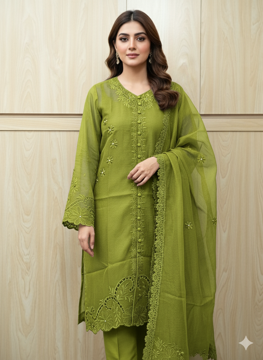 Luxurious Khaddi Net 3-PC Unstitched Suit - Heavy Embroidery & Front Open