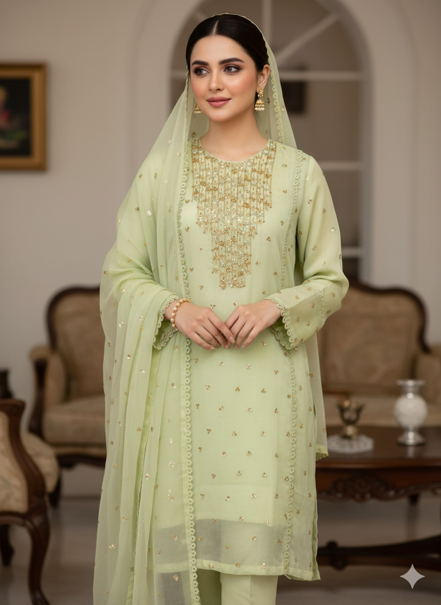 Aangan  3pc Semi Pure Chiffon Dress 2024