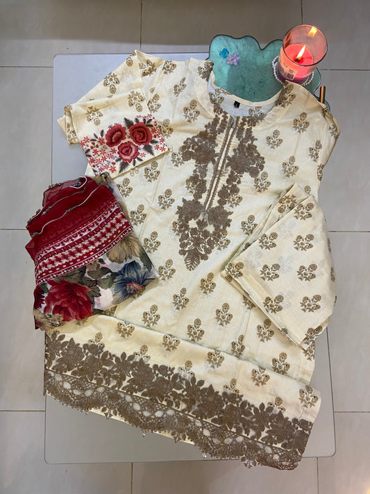 Digital Print 3 Pcs Lawn Suit with Embroidered Patches & Chiffon Dupatta