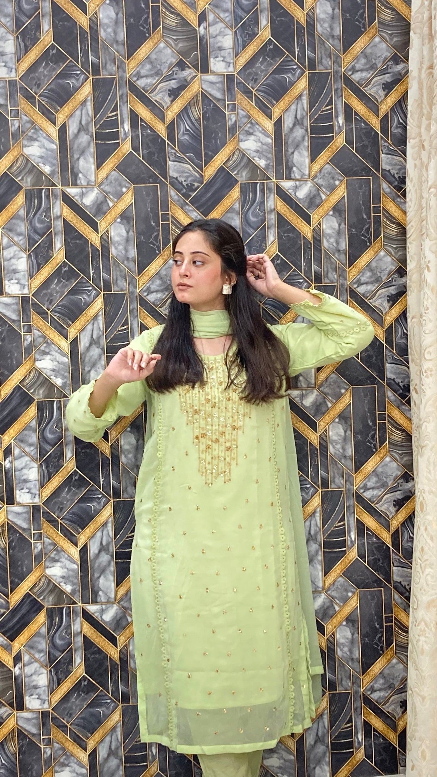 Aangan  3pc Semi Pure Chiffon Dress 2024