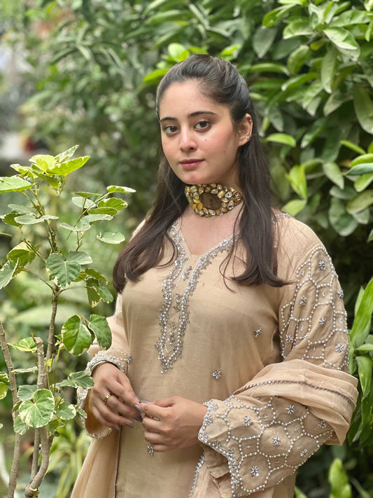 Sufaid Sitaray Premium Pure Khaadi Net Silver Emb Dress 2024