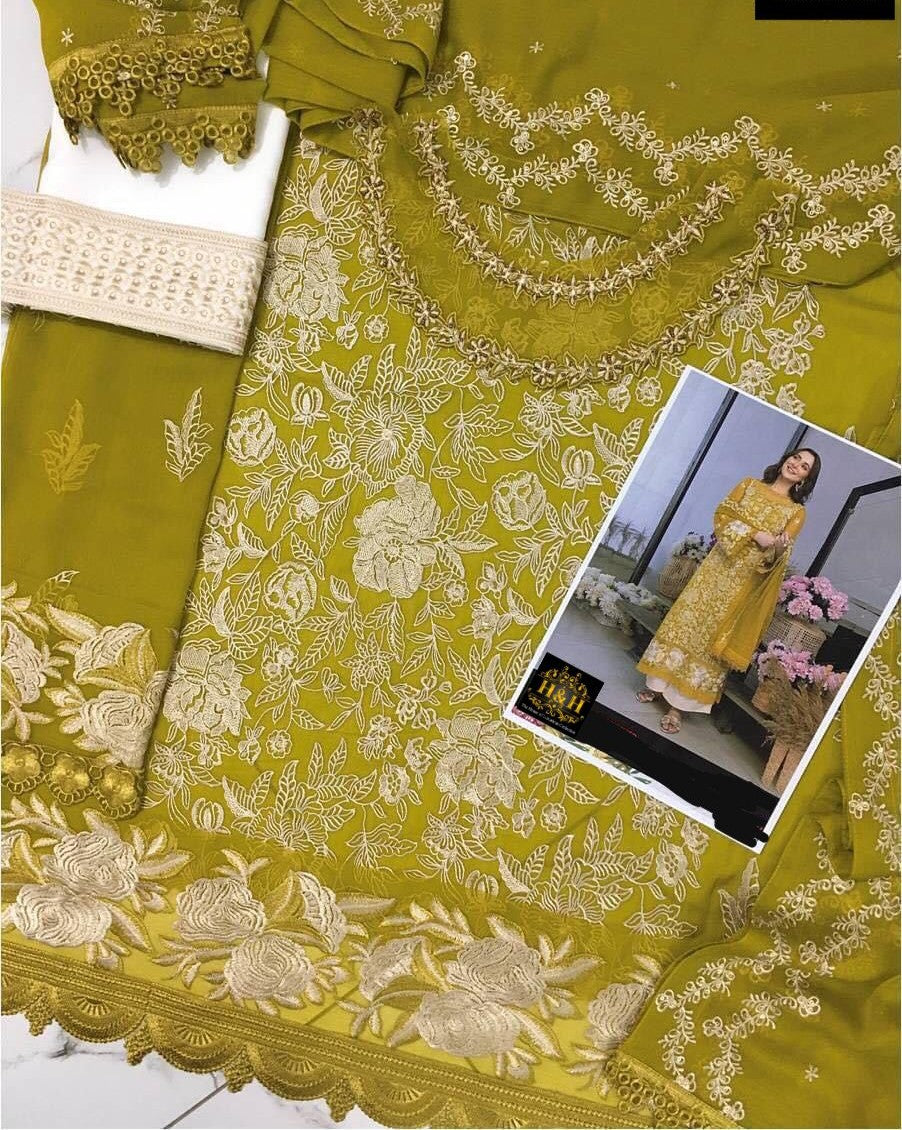 3pc Hm-60 Unstitched Semi Pure Chiffon Pakistani Dress 2024