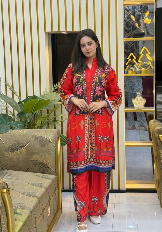 2 PCS Soft Swiss Lawn Co-Ord Set – Digital Printed | Flapper Trouser | Short Length Shirt (37")