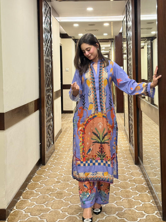 2 PCS Soft Swiss Lawn Co-Ord Set – Digital Printed | Flapper Trouser | Short Length Shirt (37")